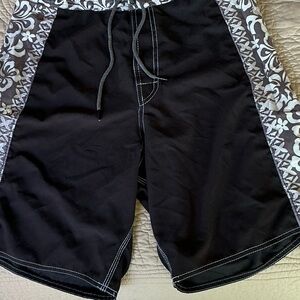 Black and Gray Patterned Board Shorts